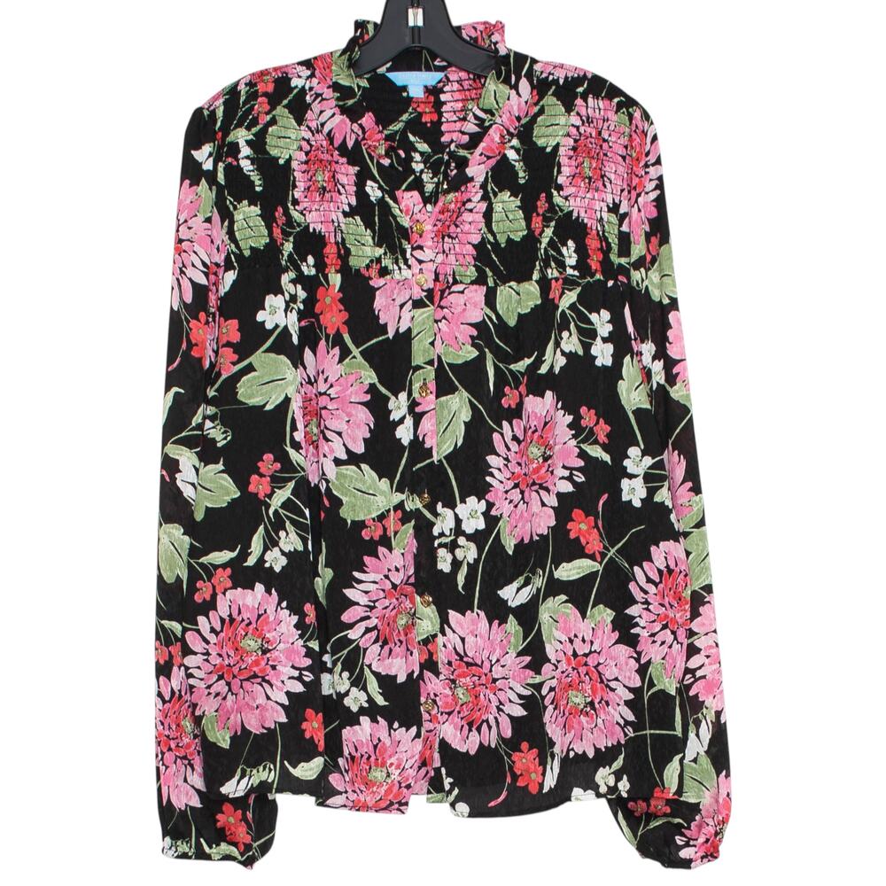 Draper James Sheer Floral Button Top Peasant Boho Cottagecore Romantic Black XL